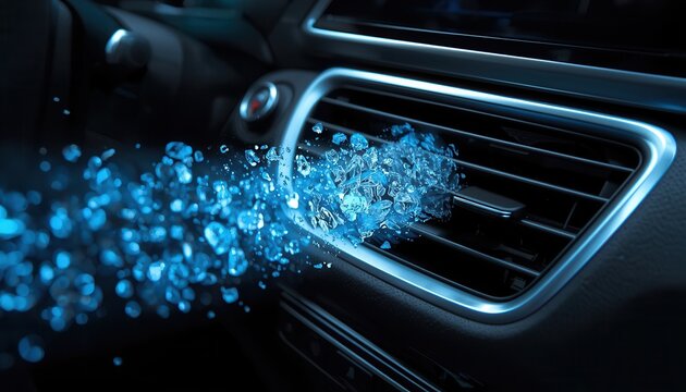 Automotive Air: The cool, refreshing blast of air conditioning is visualized with an artistic display of frozen water droplets, emanating from a car's air vent.