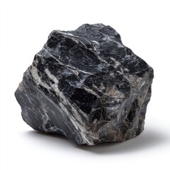 Obraz premium A dark, rough-textured mineral specimen with white and tan veins