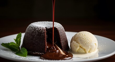 A rich chocolate lava cake being drizzled with sauce and served with a scoop of creamy ice cream on a white plate