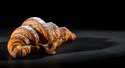 A freshly baked croissant with powdered sugar on a dark surface viewed from a low angle
