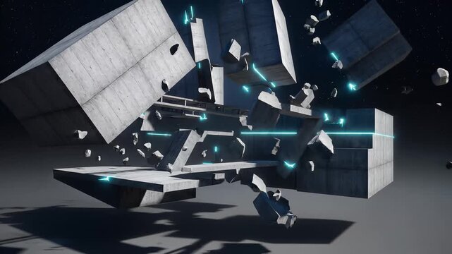 Futuristic Abstract Concrete Blocks Floating in Space with Neon Energy