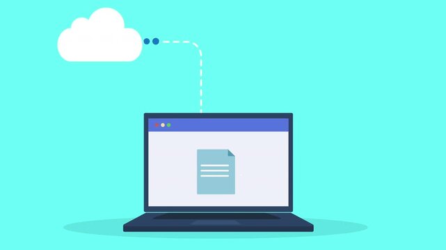 Flat vector animation showing cloud file transfer to laptop with document icon, network connection, and digital data synchronization concept.
