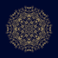 Golden decorative rosette - mandala with floral motif, on dark background	