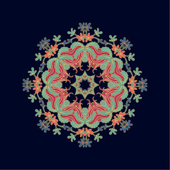 Colorful laced decorative rosette - mandala with floral motif, on dark background	