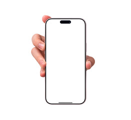 Hand showing smartphone mockup with blank screen isolated on transparent background. Mobile phone with empty display for copy space.