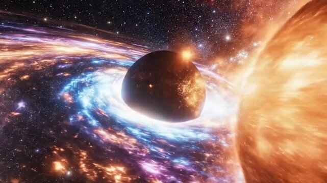 Black hole swallowing a neutron star in a vivid and dynamic cosmic galaxy illustration in space.