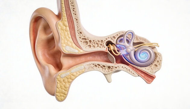 Detailed human ear anatomy cross section showing cochlea auditory canal ossicles malleus incus stapes eardrum inner ear structure for otology medical education