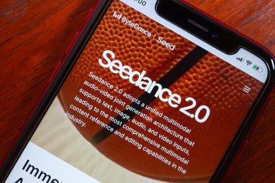 Quito, ECUADOR - Feb 18 2026 : Close-up smartphone showing Seedance 2.0 by ByteDance page, describing unified multimodal generation for text, image, audio and video online today.