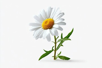 Single white daisy with yellow center and green stem, against white background