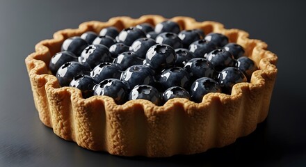 A blueberry tart with a golden crust is centered on a dark surface viewed from a slight angle