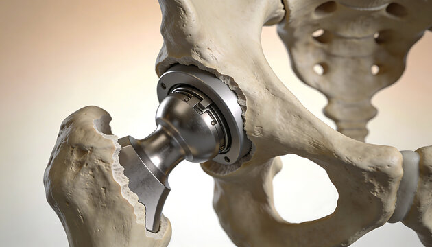 Total hip replacement prosthesis illustration showing femoral head acetabulum cup socket pelvic bone structure for orthopedic arthroplasty surgery education