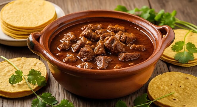 A rustic clay pot of machaca meat stew with tortillas. Brazilian food