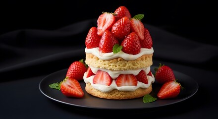 A delectable strawberry shortcake dessert with whipped cream and fresh strawberries on a black plate, viewed from the front.