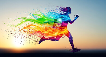 Vibrant silhouette of an active runner sprinting forward, representing dynamic energy, physical wellness, healthy lifestyle, and holistic nutritional cleansing through vigorous daily exercise.