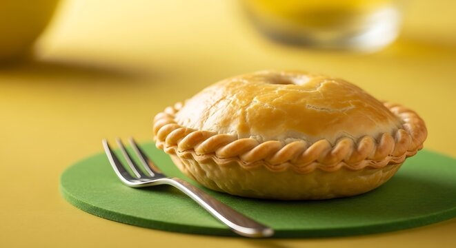 A small savory pie sits beside a fork on a coaster. Brazilian food