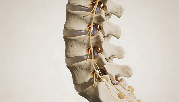 Lumbar spine anatomy illustration showing vertebrae intervertebral discs spinal cord nerve roots cauda equina for orthopedic neurosurgery and radiology education
