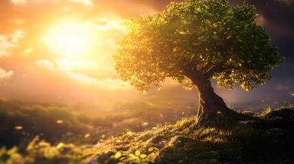 A solitary tree stands tall on a hilltop, bathed in the warm glow of the setting sun. The sky is ablaze with vibrant hues of orange, pink, and purple, creating a breathtaking and serene scene.
