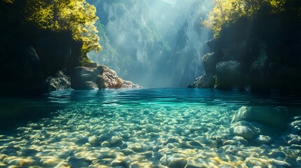 A split-level view of a pristine river flowing through a canyon. The water is crystal clear and the riverbed is visible. The sun shines brightly on the water, creating a warm glow.