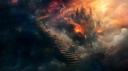 A stone staircase leading up to a celestial castle, with the clouds below and stars above.