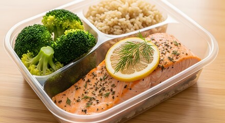 Healthy meal preparation with salmon, broccoli, and rice in a clear plastic container on a wooden table viewed from above