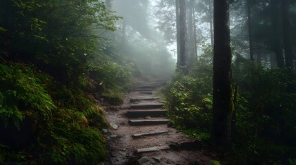 A stone staircase leads up through a lush, misty forest.