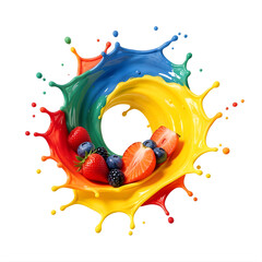 Berry Burst in a Rainbow Splash: A vibrant splash of color surrounds an assortment of fresh berries, evoking a sense of playful creativity and the deliciousness of natural treats.