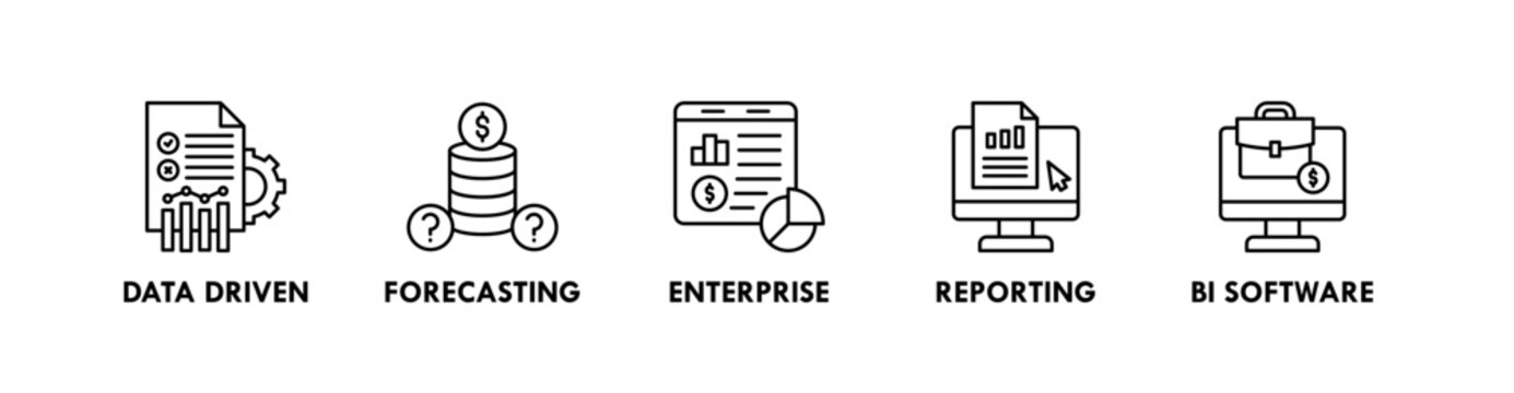 Business Intelligence banner web icon illustration concept with icon of data driven, forecasting, enterprise, reporting, bi software