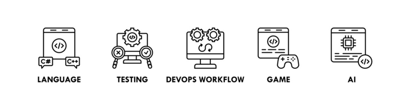 Coding and Programming banner web icon illustration concept with icon of language, testing, devops workflow, game, ai