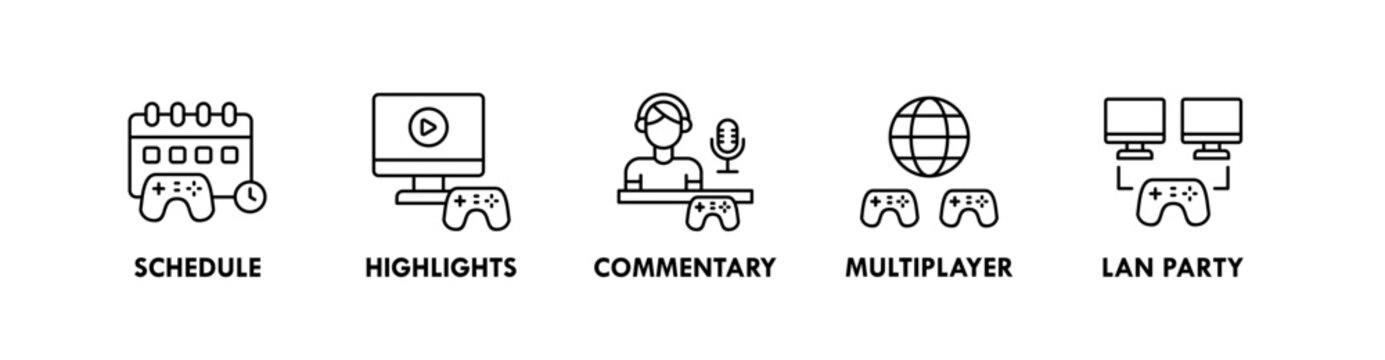 Esports banner web icon illustration concept with icon of schedule, highlights, commentary, multiplayer, lan party
