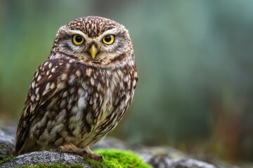 owl perches on a mossy log within a sun-dappled forest, observing with intense golden eyes. Lush greens and light create a serene scene