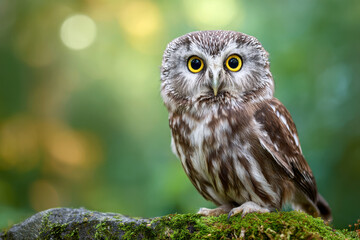 Obraz premium owl perches on a mossy log within a sun-dappled forest, observing with intense golden eyes. Lush greens and light create a serene scene