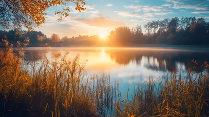 A stunning sunrise over a tranquil lake, with tall grasses in the foreground and a misty atmosphere.