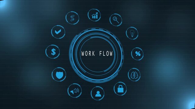 WORK FLOW concept ,merchant, website, sales, seo, link, tracking Global Blue dot Map Loop ,Business, Technology, Internet and network concept. interface icons Abstract technology background