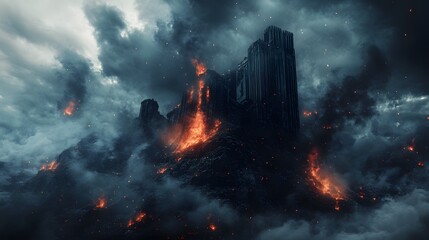 A towering, dark castle erupts with fire and smoke against a stormy sky.