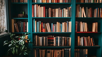 A teal bookshelf filled with books.