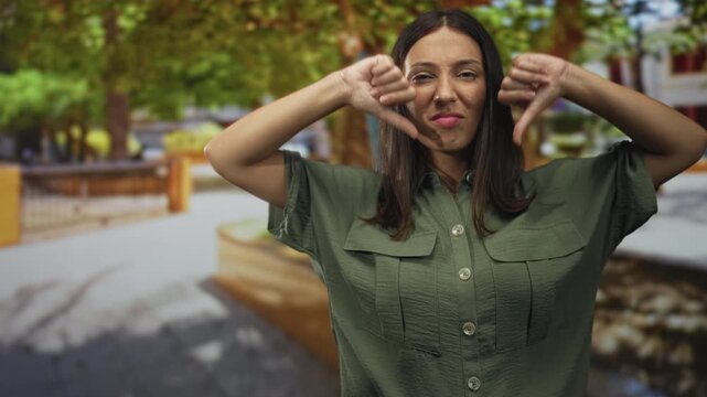 Hispanic young brunette woman making thumbs down gesture with raised arm in park; disapproval protest dissent.