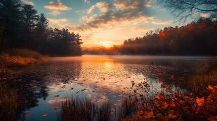 A tranquil lake surrounded by trees with a vibrant sunrise and fog.