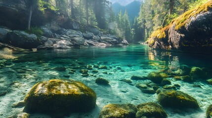 A tranquil river with crystal clear water flows through a lush green forest. The water is so clear that you can see the rocks and the riverbed below.
