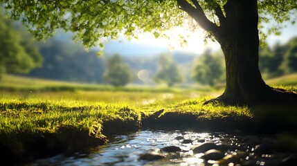 A tranquil scene with a small stream flowing through a lush green meadow with a large tree in the foreground and a blurred background of a forest and sun shining through the foliage.