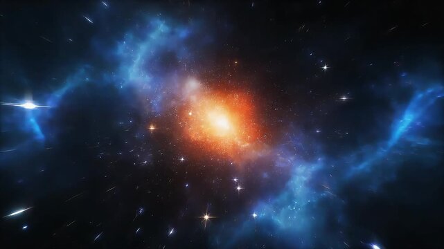 Rapid hyperspace flight through glowing galaxy core with blue nebula and orange energy burst. Cinematic warp speed space travel background 4K loop.