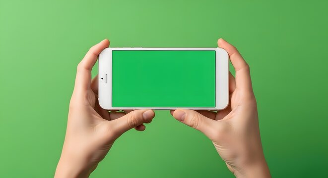 Hands holding a white smartphone with green screen