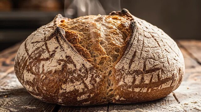 A magnificent, freshly baked artisanal sourdough bread loaf with a beautifully scored, rustic crust sits invitingly on a wooden surface, showcasing the perfect golden-brown texture and a dusting of f.