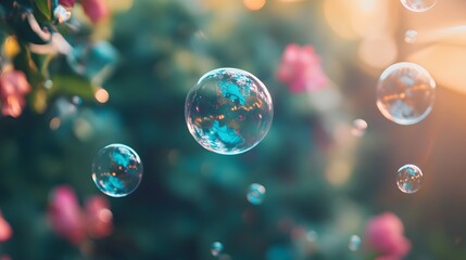 Several soap bubbles float in the air, reflecting the sunlight and the surrounding greenery.