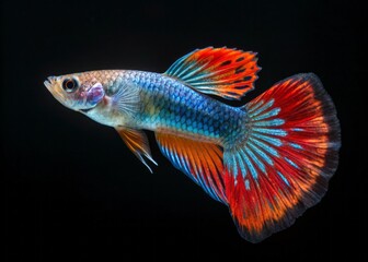 Fototapeta premium Colorful Guppy Fish with Vibrant Fins Swimming Gracefully in Dark Background
