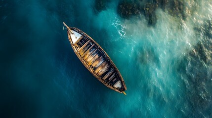 An aerial view of a small wooden boat floating on a calm blue sea.