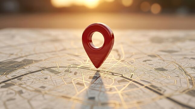 Red 3D location pin marker standing on a blurred city map background representing navigation and gps tracking