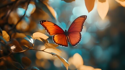A vibrant orange butterfly with delicate wings is shown in flight against a backdrop of green and yellow leaves and blurred blue light, symbolizing the beauty and fragility of nature.