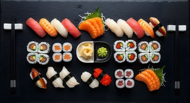 A variety of sushi and sashimi arranged neatly on a dark surface with chopsticks, showcasing different types and presentation styles viewed from above