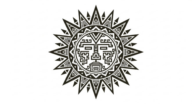 Aztec sun symbol with intricate geometric patterns and tribal design elements on white background