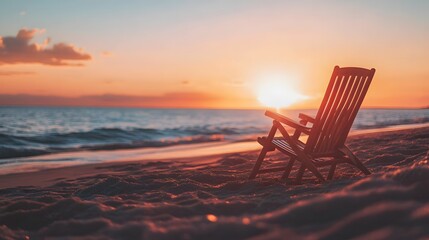 A wooden beach chair sits on the sandy shore with the sun setting over the ocean.